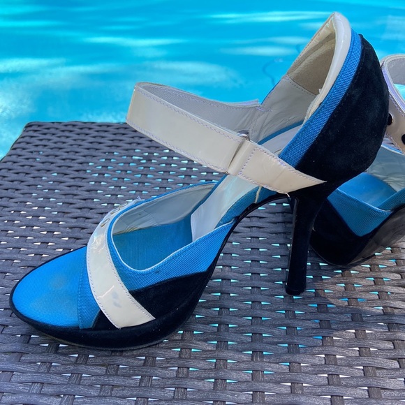 Charles David collection black suede white patent blue fabric size 9 heels - Picture 4 of 16